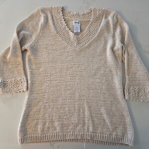 Nomi Lightweight Crochet Detail V-Neck Wheat 40% Cotton 3/4 Sleeve Sweater